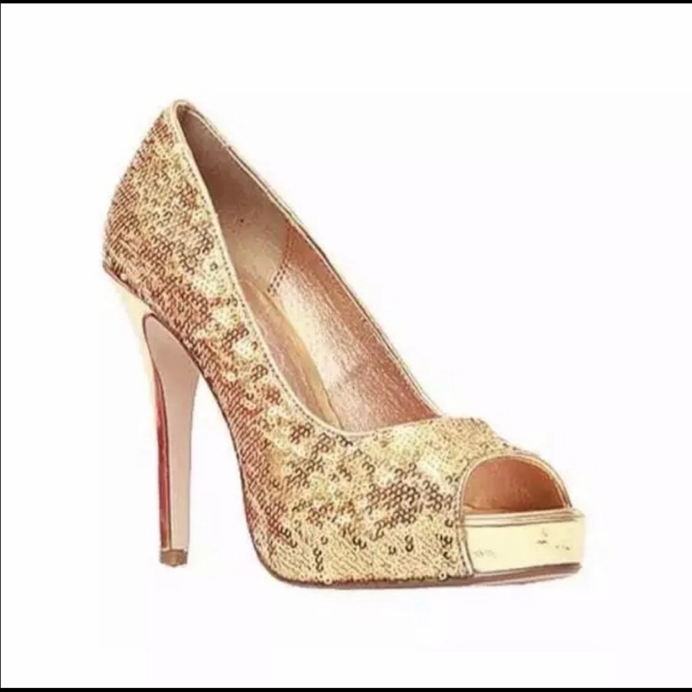 Ellie Gold Sequin Open Toe Pumps 8